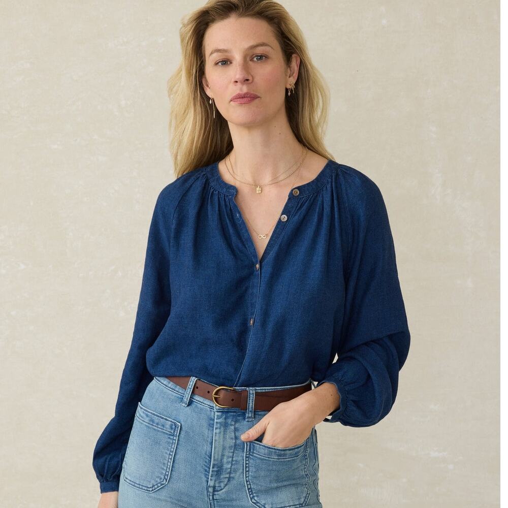 Faherty Large Tried & True Easton Blouse Blue Linen Blend Nautical Coastal